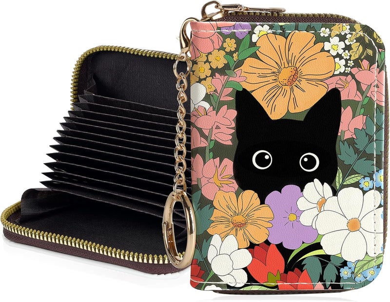 Luoycxy Credit Card Holder for Women,Small Rfid Wallet with Keychain Zipper,Cute PU Leather Card Case Wallet，Accordion Credit Card Wallets Gift,Colorful Flowers and Cats - Image 1